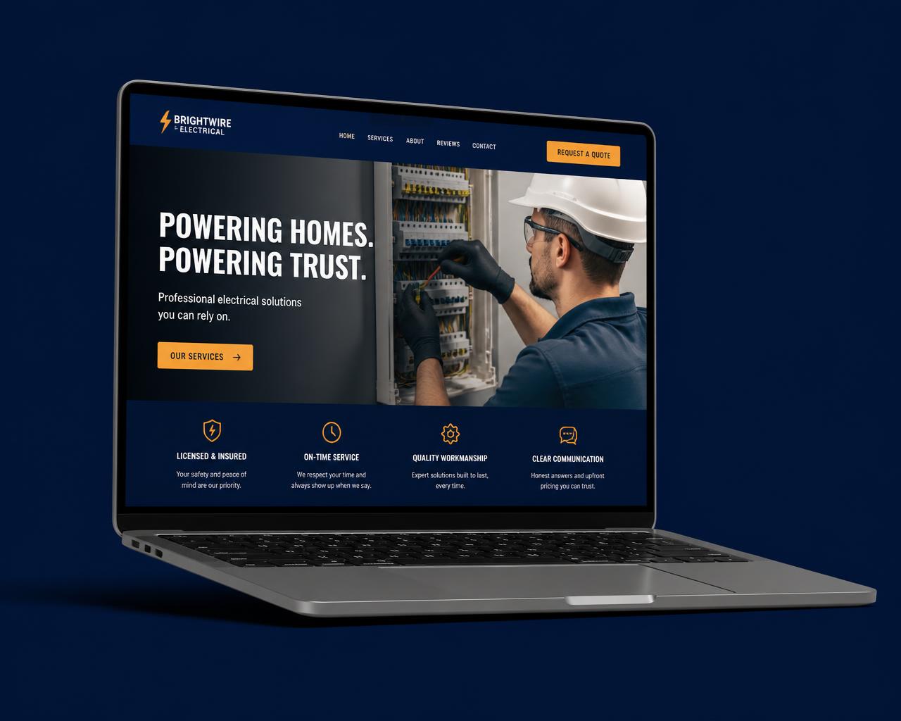 Laptop mockup showing a premium electrician website
